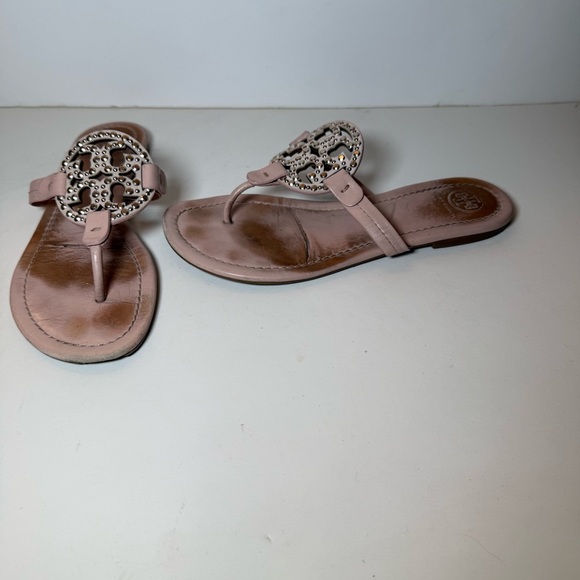 Tory Burch Miller Embellished Sandal Seashell Pink Leather Flat Summer Size 7.5 - Picture 5 of 7